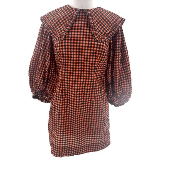 Ganni Iridescent Checked Seersucker Mini Dres Orange black sz 36 - Picture 10 of 11